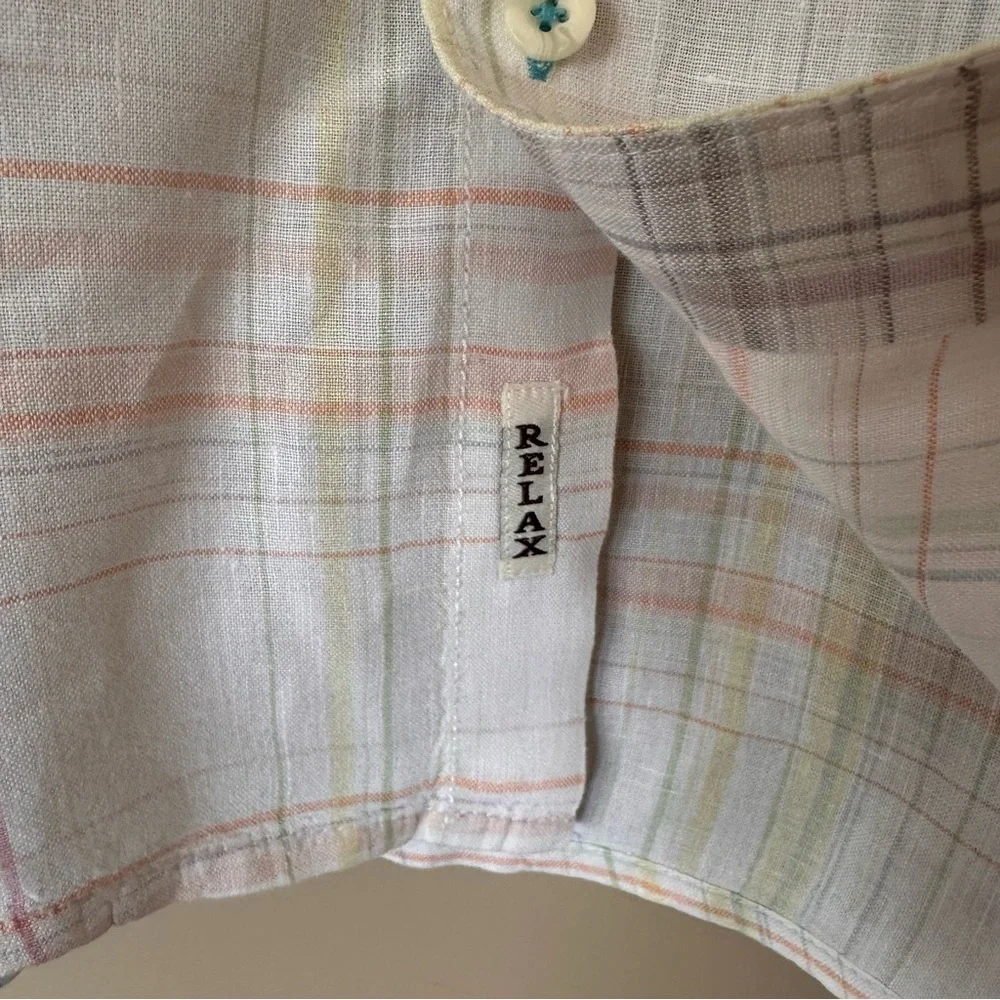 Tommy Bahama Relax 100% Linen Long Sleeve Button Shirt Men XL White Plaid Beach